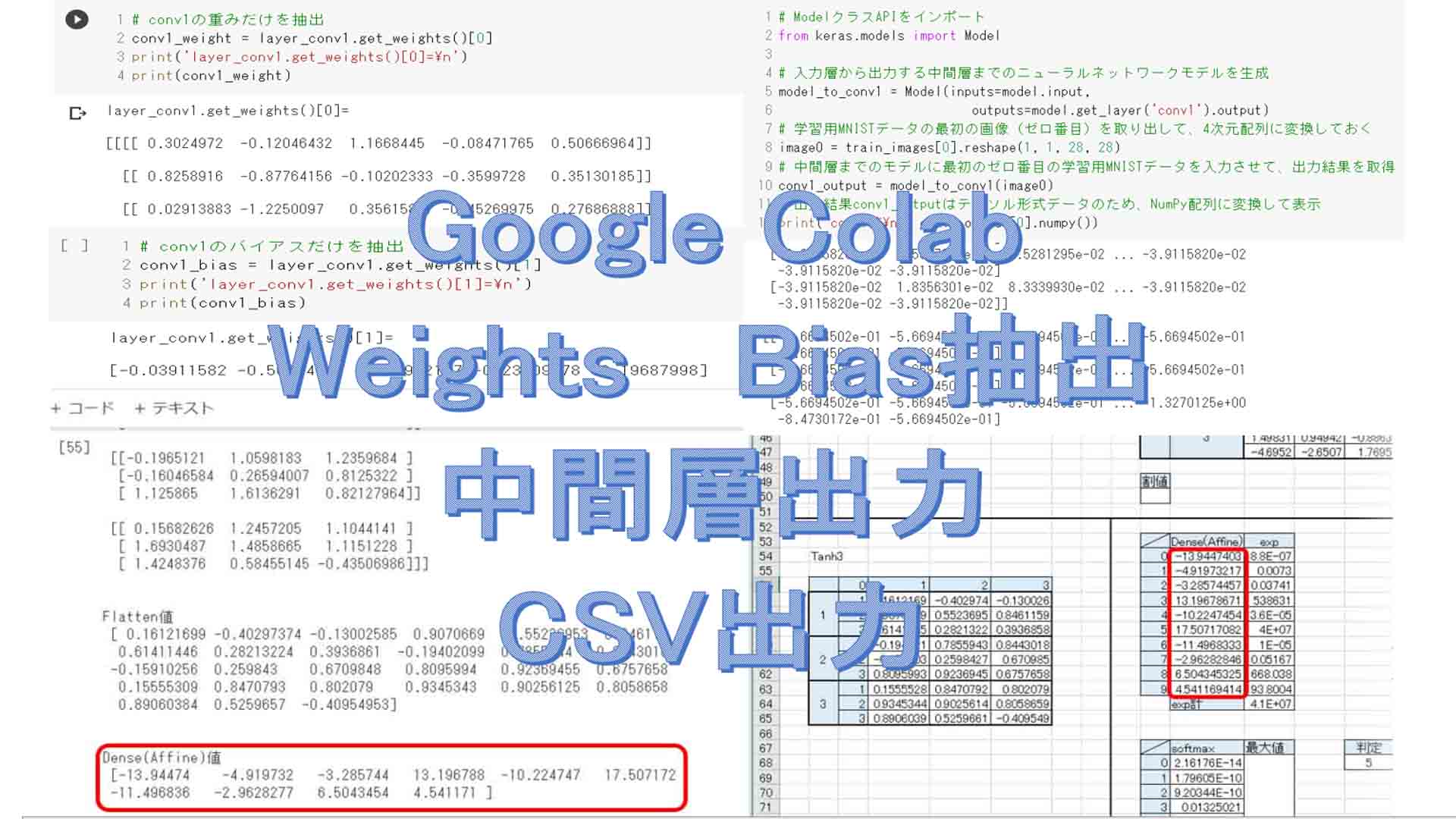 Google,Colab,で学習済みモデルから重みとバイアスを抽出したり、中間層出力したり、CSVファイル出力したりする実験