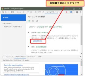 Google Chromoデベロッパーツールの証明書を表示をクリック